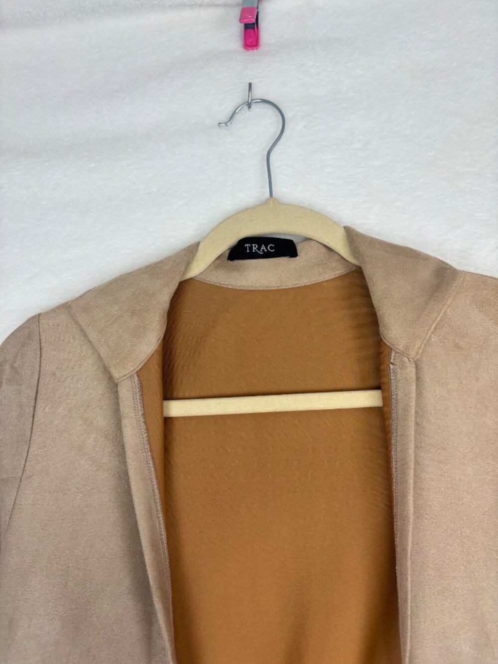 Trac M Duster Open Front Jacket Top Faux Suede Ombre Pockets Beige Gray Gradient - Picture 2 of 7